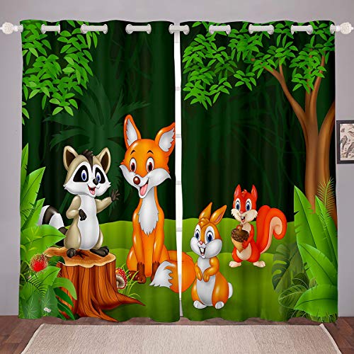 Kinder Vorhänge Karikatur Fuchs Kaninchen Bier Fenstervorhang 175x140cm für Kinder Jungen Mädchen Wald Wald Niedliches Tier Blickdichte Vorhänge Tropenwald von Tbrand