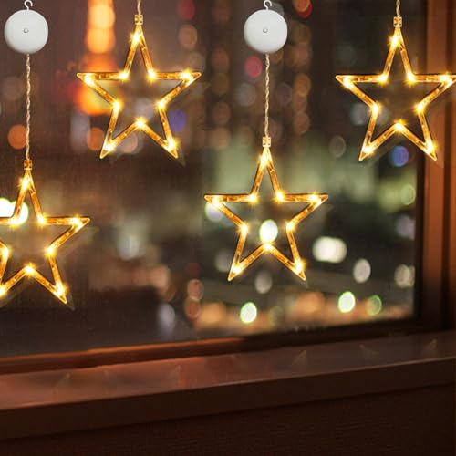 4 Stück LED Sterne Weihnachtsbeleuchtung, 10 LED Lichtervorhang Warmweiß Batteriebetriebene mit Saugnäpfe, Fensterdeko Lichterkette Innen für Weihnachten Deko,Fenster,Zimmer,Balkon,Party,Hochzeit von Tceapoo