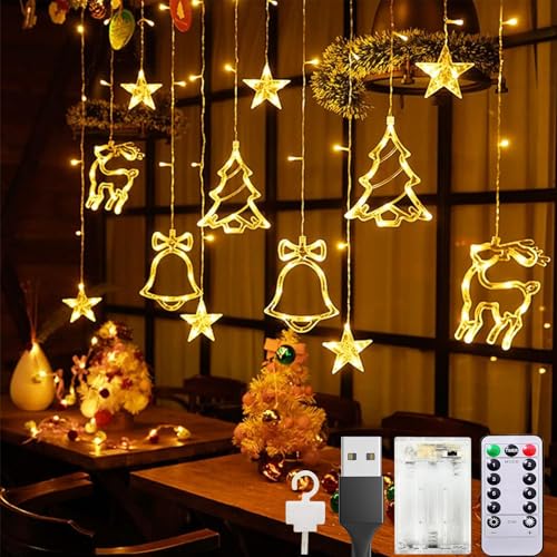 Tceapoo LED Lichtervorhang Weihnachten, 8 Modi LED Lichterkette Lichtervorhang Fenster mit Timer, Wasserdicht LED Lichterkette Sterne für Innen Außen, Weihnachten, Party, Garten, Balkon, Fenster von Tceapoo