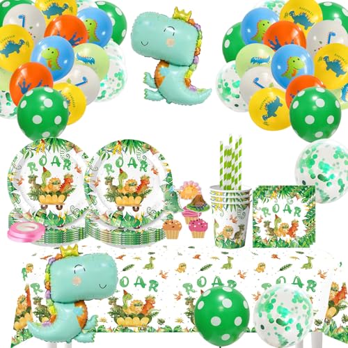 Tchsrim 114 Stück Dino Geburtstag Deko,Dinosaurier Partygeschirr Set,Pappteller Kindergeburtstag,Dinosaurier Pappteller Tassen Strohhalme für Party Kindergeburtstag Deko für 20 Gäste von Tchsrim