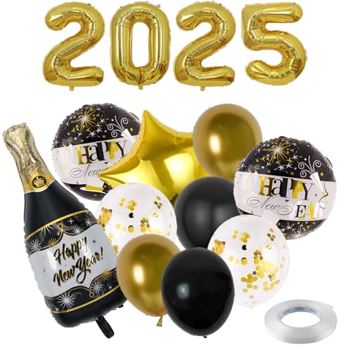 15 Stück Silvester Deko 2025 Set, Girlande und Schwarz Gold Silvester Latex Ballons Folienballon Silvester Luftballon Dekoration Neujahrsdeko deko Silvester Party Accessoire für Silvesterparty von Tcnzdy