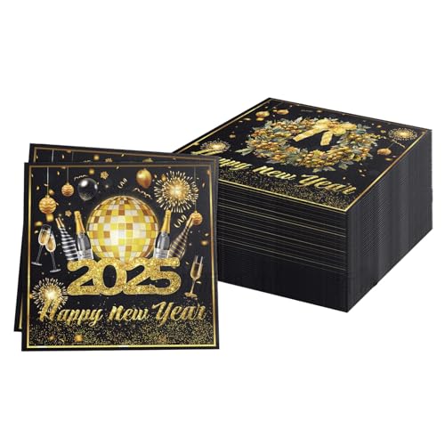 20 Stück Servietten Silvester, 33 * 33cm Silvester Servietten, Silvester Deko 2025 Schwarz Gold Papier Party Servietten Tischdeko Deko Silvester 2025 Für Weihnachten Neujahr Feiertage Dinnerpartys von Tcnzdy