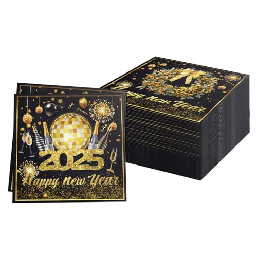 20 Stück Servietten Silvester, Silvester Deko 2025 33 * 33cm Schwarz Gold Papier Party Servietten Tischdeko Deko Silvester 2025 für Weihnachten und Neujahr Feiertage Dinnerpartys von Tcnzdy