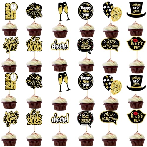 24 Stück Silvester Deko 2025, 2025 Frohes Neues Jahr Kuchen Deko Cake Toppers Silvester Party 2025 Happy New Year Tortendeko Silvester Cupcake Toppers für Neujahrsdeko Silvester Tischdeko von Tcnzdy