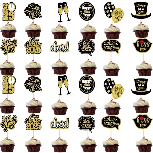 24 Stück Silvester Deko 2025, 2025 Frohes Neues Jahr Kuchen Deko Cake Toppers Silvester Party 2025 Happy New Year Tortendeko Silvester Cupcake Toppers für Neujahrsdeko Silvester Tischdeko von Tcnzdy