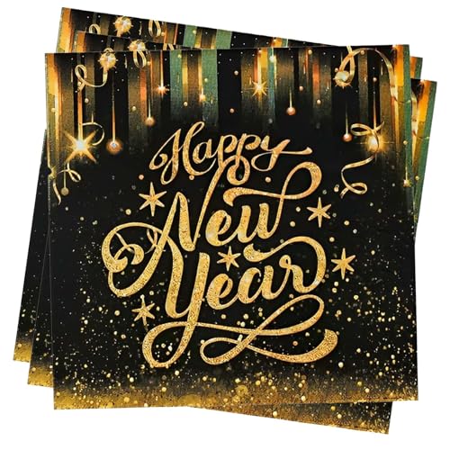 40 Stück Servietten Silvester, Servietten Silvester 2025, Weihnachtsservietten Papier Happy New Year Papierservietten Silvester Schwarz Gold Servietten Für Neujahr Party Dekora Silvester Tischdeko von Tcnzdy