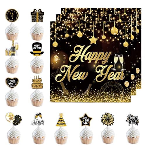 32 Stück Silvester Deko 2025 Set, 12 Stück Silvester Tortendeko 20 Stück Servietten Silvester Happy New Year Cupcake Toppers Kuchen Cake Toppers Für Neujahr Party Dekor Silvester Tischdeko 2025 von Tcnzdy