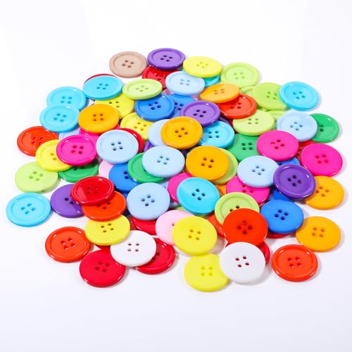 100 Stück Bunte Knöpfe Zum Annähen, Knöpfe Für Strickjacke, Buttons Selber Machen, Gemischte Farben 4-Loch Rund Bastelknöpfe Für Basteln Nähen Kinder Diy Painting Geschenk Deko (25mm) von Teaaha