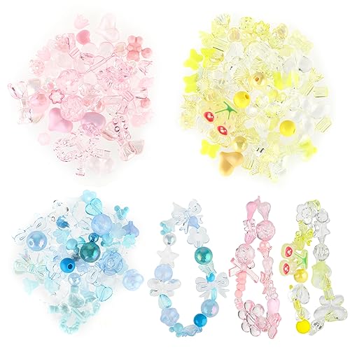 150~210 Stück Beads Charms, Sortierte Acrylperlen Bunte Acrylperlen Bracelet Beads Beads for Jewellery Making Herz Schmetterling Süße Runde Perlen Für DIY Armbändern Schmuck Handwerk (Rosa Blau Gelb) von Teaaha