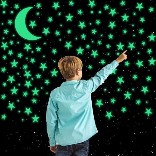 174 Stück Leuchtsterne, Leuchtsterne selbstklebend, Beruhigende Sternenhimmel Aufkleber, Mond Sterne Wandsticker für Kinderzimmer, Selbstklebende Luminous Stern Aufkleber Set, 173 Sterne, 1 Mond von Teaaha