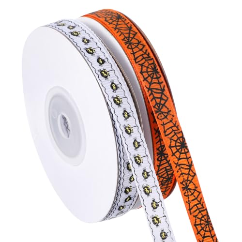 2 Rollen 50 Fuß Halloween-Ripsbänder, Halloween Geschenkband halloween band Halloween-Ripsband halloween haarschmuck mit Draht zum Basteln, Nähen, Heimwerken (Orange/Weiß) von Teaaha