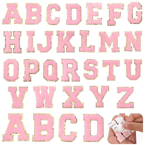 26 Stück Patches Buchstaben, Chenille Buchstabenaufnäher Bügelbuchstaben Für Kleidung A-Z Glitzerbuchstaben Chenille Gestickte Alphabetaufnäher Für Kleidung Sweatshirt Jacken Hut (rosa) von Teaaha