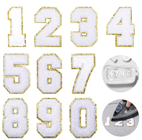 26 Stück Patches Zahlen, Chenille Zahlen Bügelzahlen für Kleidung 0-9 Glitzer Number Patches Chenille Gestickte Zahlenaufnäher Für Kleidung Sweatshirt Jacken Hut (gold,white) von Teaaha