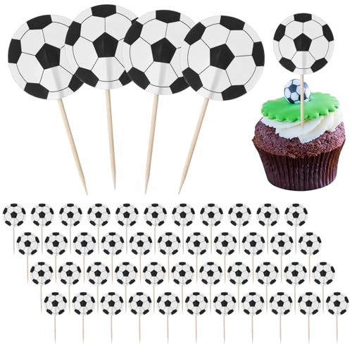 48 Stück Kuchen Deko Fußball, Fußball Cupcake Toppern Fußball Kuchen Toppers Fußball Cake Topper Fußball Kuchen Toppers Lebensmittel Zahnstocher Fußball Party Dekorationen FußBäLle von Teaaha