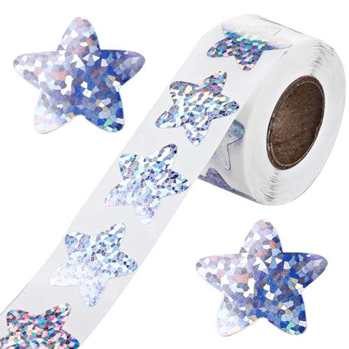 500 Stück Sticker Sterne Glitzer, 2,5 cm Glitzer Sterne Aufkleber, Holografische silber Sternenfolie Aufkleber, Selbstklebend, Sterne Belohnung Sticker für Weihnachtsdekoration (silber) von Teaaha