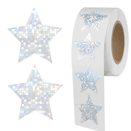 500 Stück Silber Sticker Sterne Glitzer Sticker Holografische Eine Rolle 2,5cm Silber Aufkleber Sterne, Glitter Sterne Basteln Sterne Deko Für Klassenzimmer Lehrer Zubehör von Teaaha