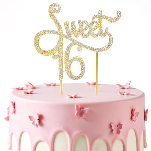 Geburtstag 16 Jahre Mädchen, Glitzernder Sweet Teenager 16 Tortendeko Cake Topper Kuchen Deko Geburtstag Golden Strass Kuchendeckel Gold Birthday Kuchendeko für 16 Jahrestag Party Zubehör von Teaaha