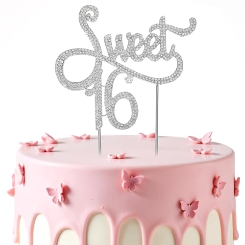 Geburtstag 16 Jahre Mädchen, Glitzernder Sweet Teenager 16 Tortendeko Cake Topper Kuchen Deko Geburtstag Silber Strass Kuchendeckel Birthday Kuchendeko für 16 Jahrestag Party Zubehör von Teaaha