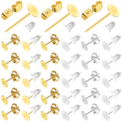 Teaaha 600 Stück Ohrstecker Rohlinge, Edelstahl Ohrringe Rohlinge, Flach Pad Ohrring Verschluss, DIY Ohrstecker Selber Machen, Ohrring Rücken für Schmuckherstellung (Silber, Gold) von Teaaha