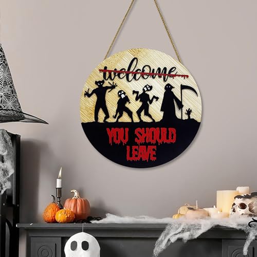 Teahutty Halloween-Willkommens-Türschild, 29 Cm, Vintage-Halloween-Geister-Türhänger aus Holz, Zum Aufhängen, Feiertagsparty, Horror-Willkommens-Haustürschild für den Innen- und von Teahutty