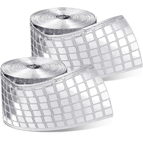 TecUnite 2 Rollen 9,1 m Discoband 6,3 cm Silber Weihnachten Drahtband glitzernd metallisch quadratisches Band Pailletten Band Nähen Trim für Geschenkverpackungen DIY Handwerk Weihnachtsbaum Kranz von TecUnite