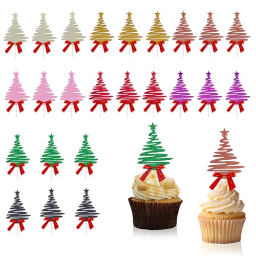 24 Stück Tortendeko Weihnachten, Weihnachten Deko Glänzend Weihnachtsbaum Tortendeko Weihnachts Cupcake Toppers, Dekoration Weihnachtsfeier, Weihnacht Muffin Deko Backen Zubehör von Techchii