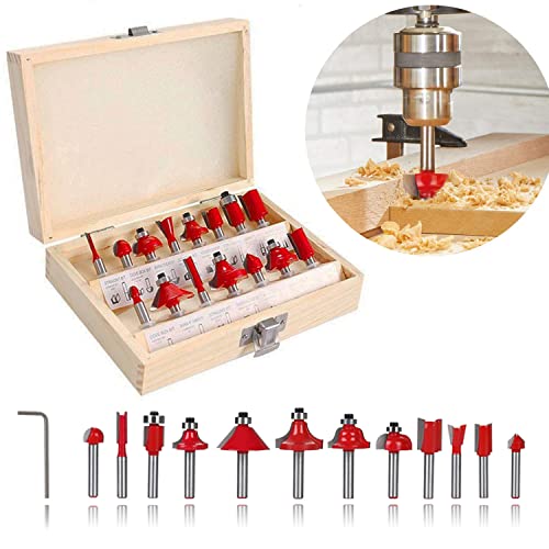 Fräser Bit Set für Oberfräse 15 tlg Holzfräser Fräser Set Fräsersatz Zylindrischer Schaft 6,35mm für Heimwerker Hartmetall Holzfräs-Bits in Holzbox Holzbearbeitung für Oberfräsen von Techfection