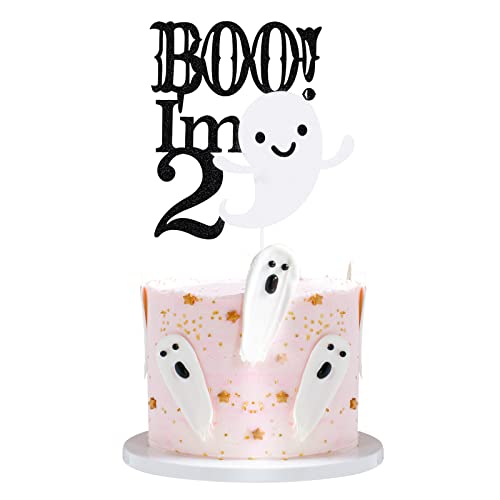 Boo I'm Two Cake Topper schwarzer Glitzer, Halloween 2nd Birthday Party Kuchendekoration mit Geist, Here for the Boos Kuchendekorationen von TeePolly