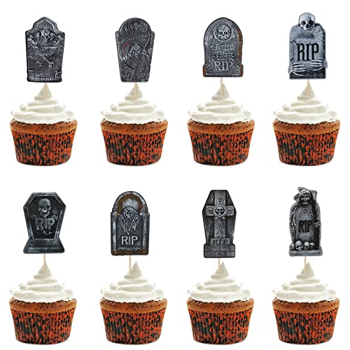 Halloween Cupcake Topper Halloween Grabstein Friedhof Kuchen Toppers Gruselige Cupcake Dekoration Tisch Tafelaufsatz Sticks Vorspeise Plektren für Partyzubehör – 24 Stück von TeePolly