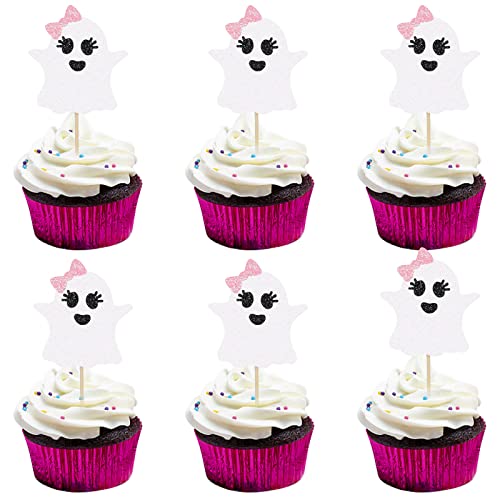 Halloween Geist Cupcake Topper Rosa Weiß Halloween Geist Cupcake Essen Picks für Halloween Baby Shower Mädchen Geburtstag Party Kuchen Dekorationen - 24 Stück von TeePolly