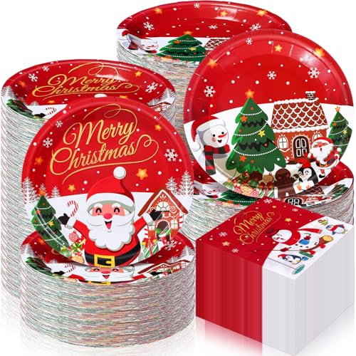 Teenyyou 120 Stück Weihnachten Einweg-Pappteller und Servietten Bulk Weihnachten Party Supplies Weihnachtsbaum Weihnachtsmann Rot Pappteller Servietten Set für Frohe Weihnachten Party von Teenyyou