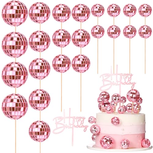 Teenyyou 24 Stück Discokugel-Cupcake-Topper Happy Birthday 1970er Jahre Retro Kuchen Dekorationen Glänzend Rosa Mini Disco Ball Picks für Disco Thema Party Geburtstag Supplies von Teenyyou