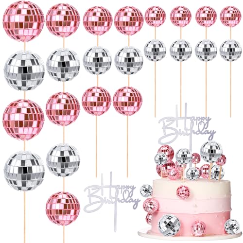 Teenyyou 24 Stück Discokugel-Cupcake-Topper Happy Birthday 1970er Jahre Retro Kuchen Dekorationen Glänzend Rosa Mini Disco Ball Picks für Disco Thema Party Supplies (Rosa und Silber) von Teenyyou