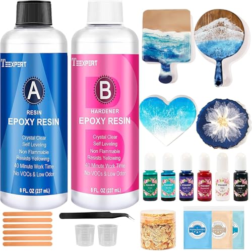 Teexpert Epoxidharz Set Anfänger, 474ML/16OZ Kristallklares Epoxyharz Starter-Set mit Untersetzer- und Tablett-Formen, Pigmenten, Harzzubehör, Gießharz-Schmuckherstellungsset für Kunsthandwerk von Teexpert