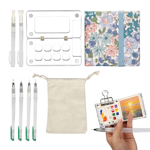 Tefola Mini Aquarell Skizzenbuch, Tragbares Aquarell-Reiseset, Transparente Acrylpalette mit 8 Rastern, Aquarellpalette - mit Aufbewahrungstasche - mit Clip - mit 6 Bürsten von Tefola