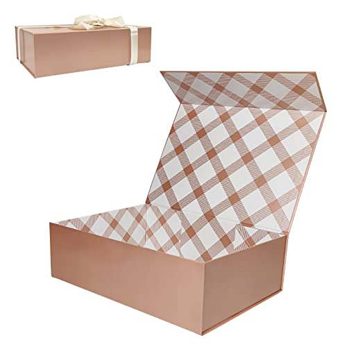 Tekhoho Roségold Große Geschenkbox 33x23.7x10 cm, Premium Geschenkbox mit Magnetdeckel und Geschenkband für Feiertage Hochzeit Geburtstag Geschenkverpackung, Kariertes Innenfutter von Tekhoho