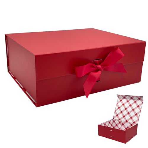 Tekhoho Rot große Geschenkbox 33.5x27x12.5 cm, Premium Geschenkbox mit Magnetdeckel und Geschenkband für Feiertage Hochzeit Geburtstag Geschenkverpackung, kariertes Innenfutter von Tekhoho