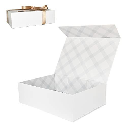 Tekhoho Weiß Große Geschenkbox 33x23.7x10 cm, Premium Geschenkbox mit Magnetdeckel und Geschenkband für Feiertage Hochzeit Geburtstag Geschenkverpackung, Kariertes Innenfutter von Tekhoho