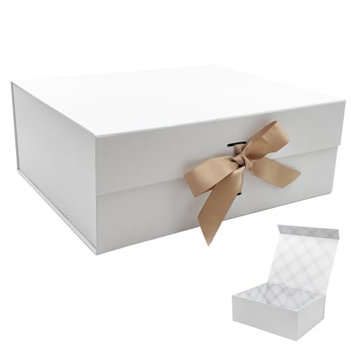 Tekhoho Weiß große Geschenkbox 33.5x27x12.5 cm, Premium Geschenkbox mit Magnetverschluss und Geschenkband für Feiertage Hochzeit Geburtstag Geschenkverpackung, kariertes Innenfutter von Tekhoho