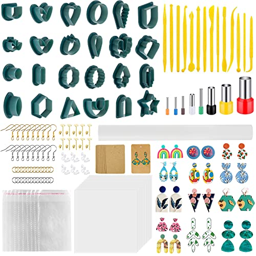 Teklemon 207 Stück Polymer Clay Ausstecher Ohrringe Set, 24 Pcs Polymer Clay Cutters mit Ohrringkarten, Werkzeug aus Ton,Runden Piercern, Backpapier und Lehmstock,für Schmuckherstellung aus Polymerton von Teklemon