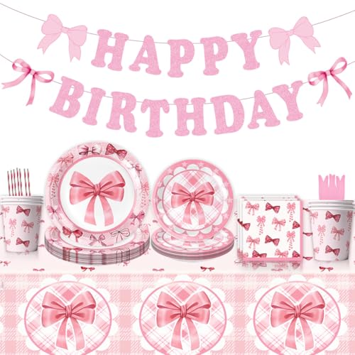 Geburtstag Deko Geburtstagsdeko mit Partygeschirr Pink Bow Partygeschirr Set Party Set mit Pastell Becher Servietten Pappteller Geburtstag Mädchen Geburtstagsdeko für Party von Tel Charme *