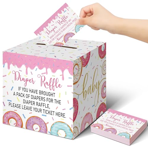 Teling 51 Stück Windel-Tickets mit Windel-Raffle-Karten-Box, Babyparty-Dekorationen, Babyparty-Halter, Box für Mädchen, Jungen, Windel-Verlosung, Party (Donut Baby Streudekorationen) von Teling