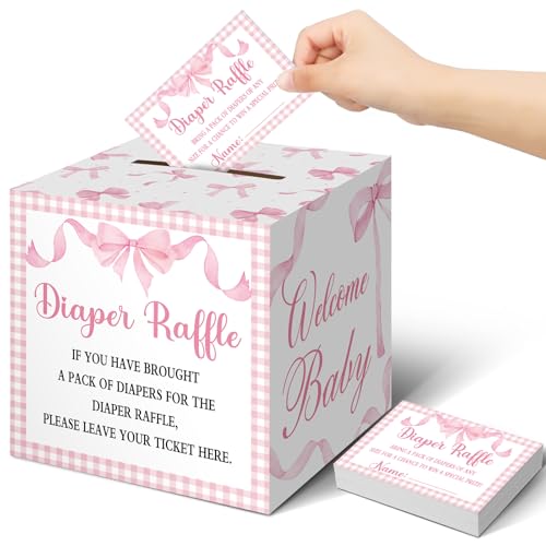 Teling 51 Stück Windel-Tickets mit Windel-Raffle-Karten-Box, Babyparty-Dekorationen, Babyparty-Halter, Box für Mädchen, Jungen, Windel-Verlosungsparty (rosa Schleifen-Stil) von Teling