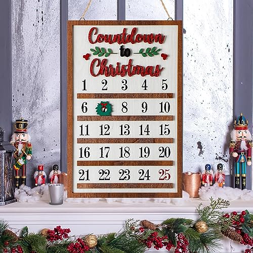 Teling Weihnachts-Countdown-Kalender aus Holz zum Aufhängen, Adventskalender, Holz, Bauernhaus, Weihnachtswanddekoration, Weihnachts-Countdown-Schild für Frauen und Männer, Urlaubsparty-Zubehör von Teling