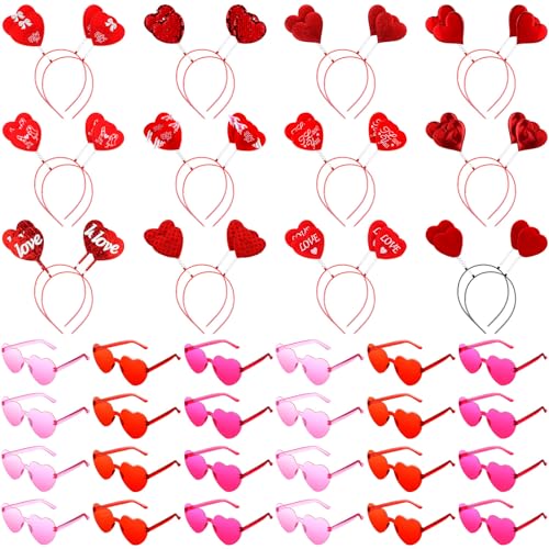 Tellegloww 48 Stück Valentinstag Herz Stirnband Herzform Sonnenbrille Rot Rosa Brille Herz Boppers Valentinstag Zubehör Amor Kostüm für Damen Herren Requisiten Hochzeit Geburtstag von Tellegloww