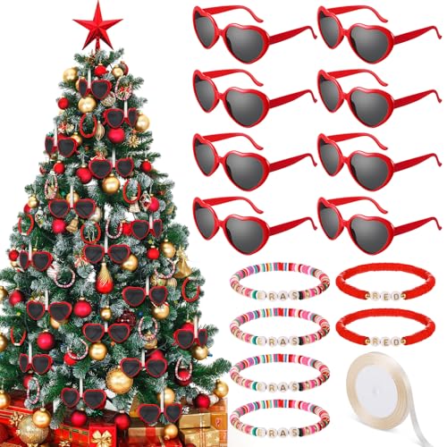 Tellingyou 24-teiliges Weihnachtsschmuck-Set, Herz-Sonnenbrille, Liebes-Sonnenbrille, Freundschafts-Armbänder, dehnbar, süßes Armband mit einem Band für Weihnachtsbaumschmuck, Partygeschenke von Tellingyou