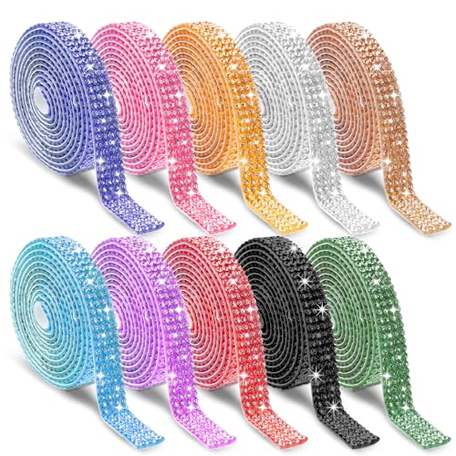 10 Rollen Glitzerband Selbstklebend Kristall Diamant Bänder 1 Yard 4 Reihen Glitzersteine Strassband von Telooco