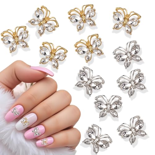 12 Stück Nail Charms Gold Silber Nägel Schmetterlings Strass Edelsteine Nail Art Charms 3D Schmetterlings Nail Art Deko Set Strasssteine Nagelschmuck für Nägel DIY Handwerk Nagel Deko von Telooco