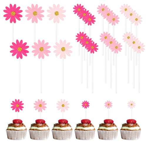 24 Stück Gänseblümchen Cupcake Topper Rosa Blumen Tortendeko Hochzeit Geburtstag Essbare Blumen für Torte Kuchen Topper Babyparty Kuchendeko Cocktail Obstschale Joghurt Schüssel DIY Topper von Telooco