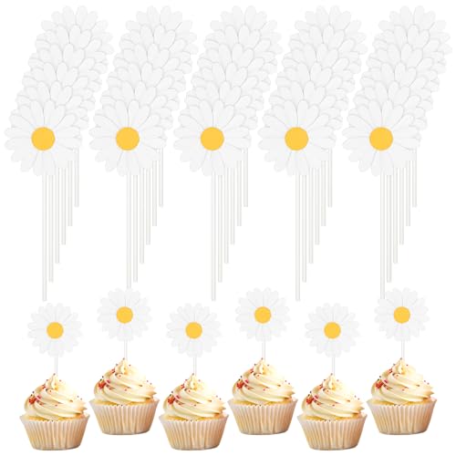 36 Stück Gänseblümchen Kuchendeko Tortendeko Hochzeit Geburtstag Cupcake Topper Blumen Zahnstocher Kuchen Topper Weiß Cocktail Kuchen Obstschale Joghurt Schüssel DIY Dekoration von Telooco